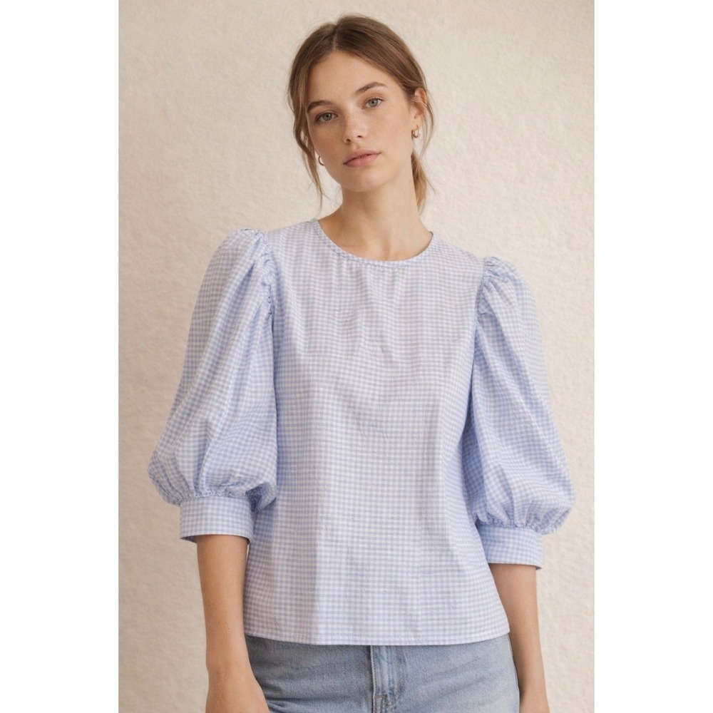 Light Blue Gingham Puff-Sleeve Blouse